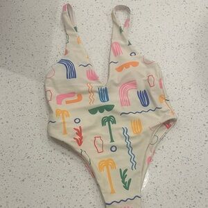 Cream One-Piece Swimsuit with Multicolor Abstract Print